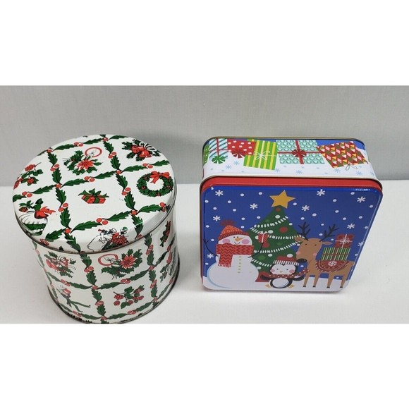 Small Christmas Tins Candy Cookies Goodies EMPTY with Lids Lot of 2 - Picture 2 of 11